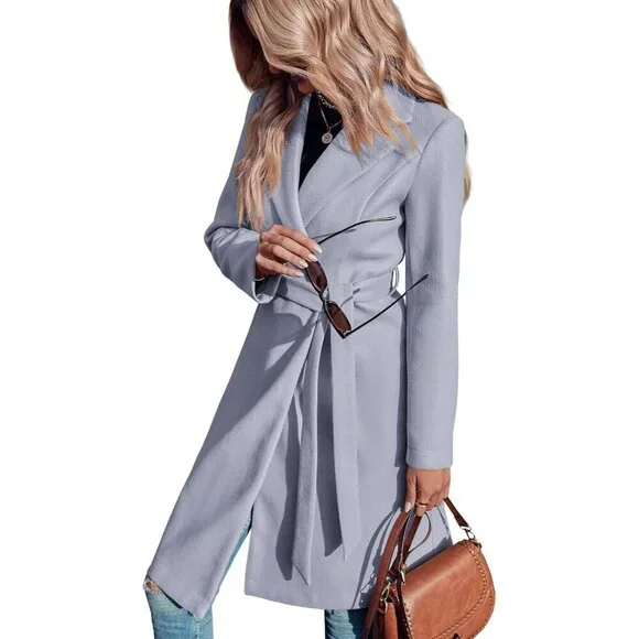 Womens Grey Pea Notched Lapel Double Breasted Business Casual Trench Coats - Picture 3 of 5